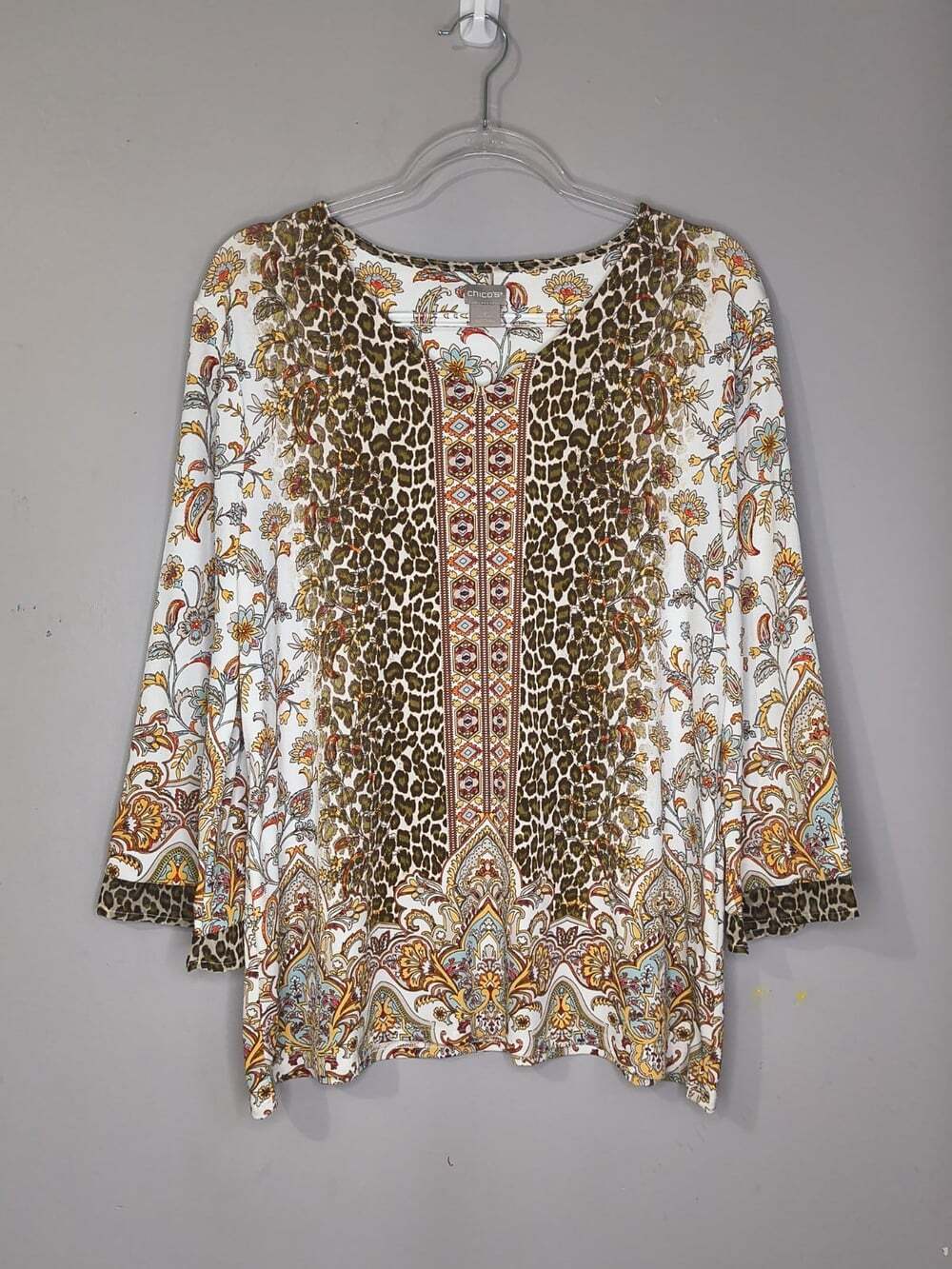 Chicos Top Shirt 2 Womens Large Beige Leopard Floral Bell Sleeve V Neck Career
